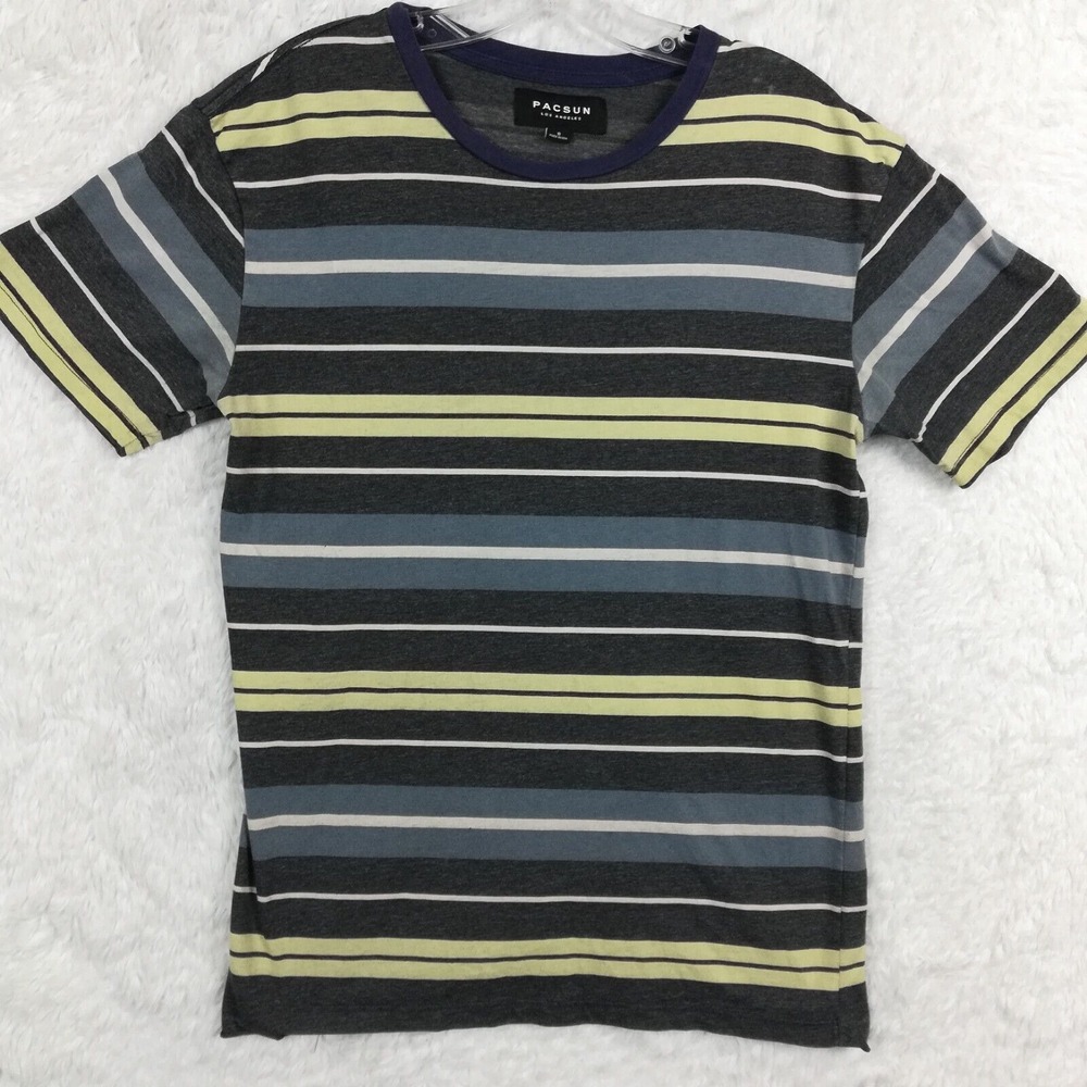 Pacsun Mens TShirt Tee Short Sleeve Gray Blue Yellow Stripe‎ Crew Soft Stretch S